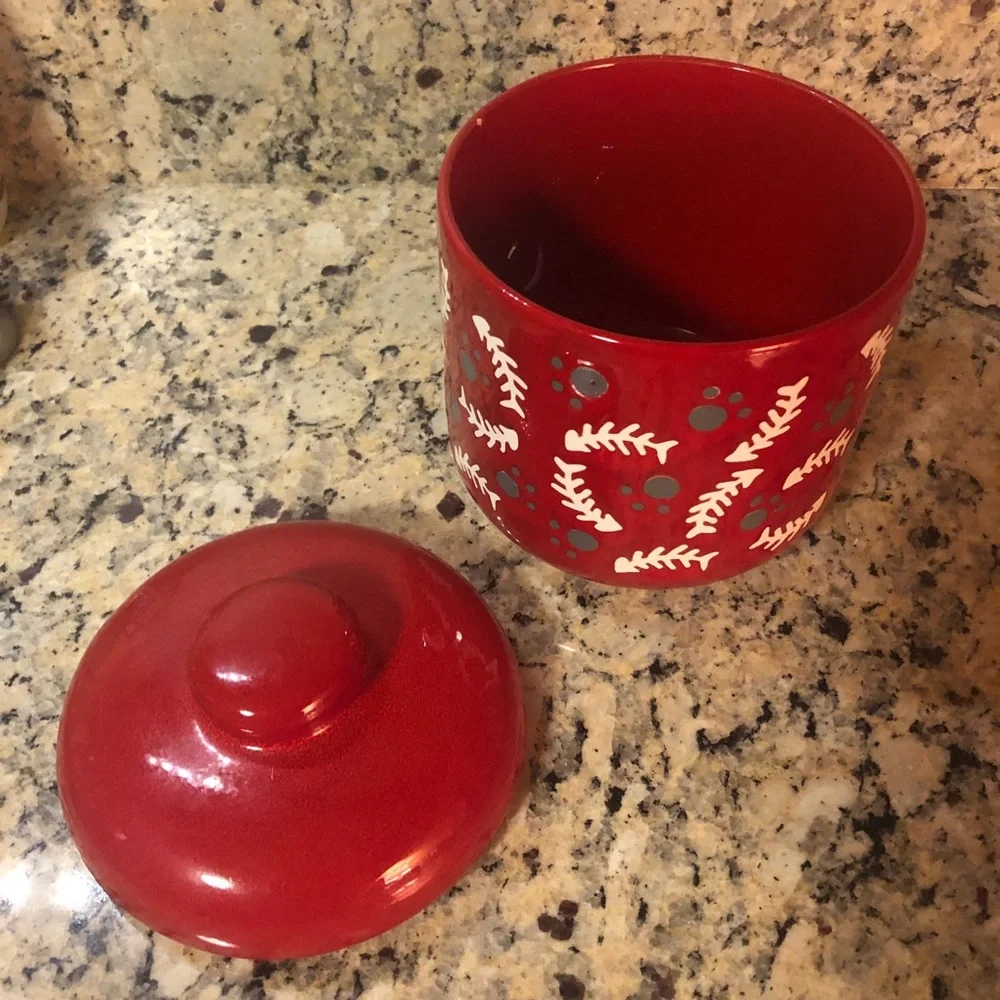 Vintage Waechtersbach Cat Kitty Treat Jar with Lid Red Germany MCM Paw Prints